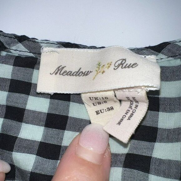 Meadow Rue Sz 6 Button Down Shirt Black Blue Green Plaid Check 3/4 Sleeve - Picture 3 of 4